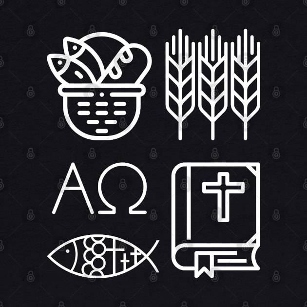 Black and White Christian Symbols Alpha, Omega, Wheat, Harvest, Bible, Fish, Bread by Mission Bear